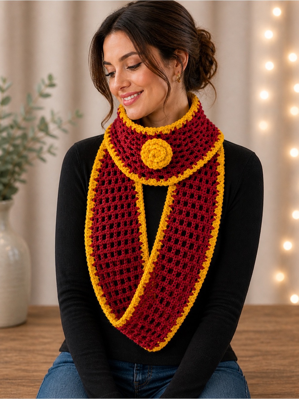 Harry Potter Inspired Handmade Crochet Infinity Scarf With Flower Brooch